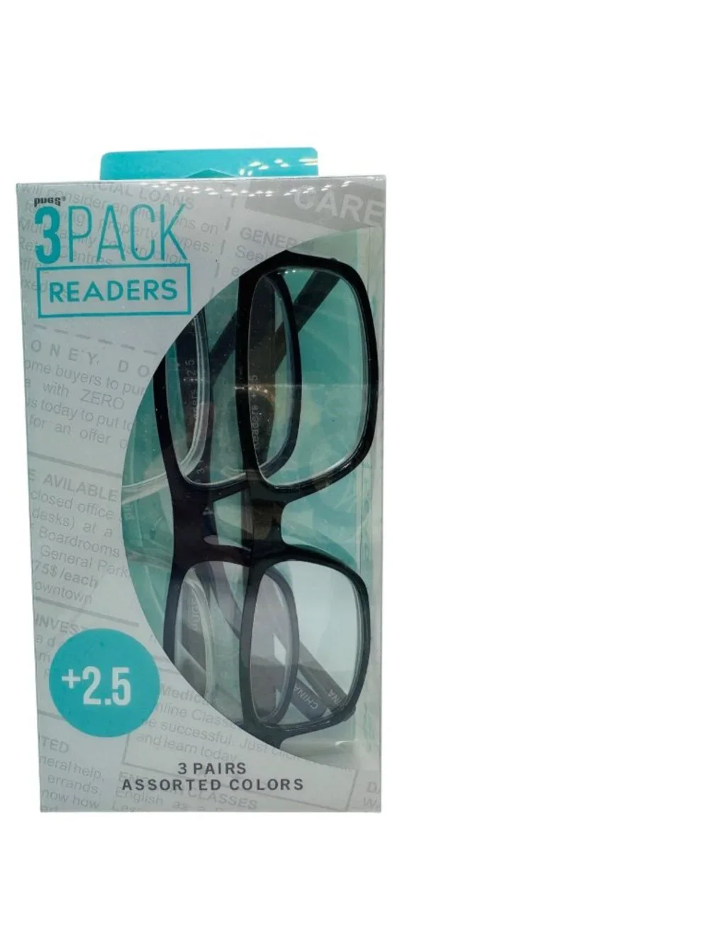 Pugs 3-Pack Reading Glasses +2.5 Assorted Colors With Spring Hinge Classic Unise